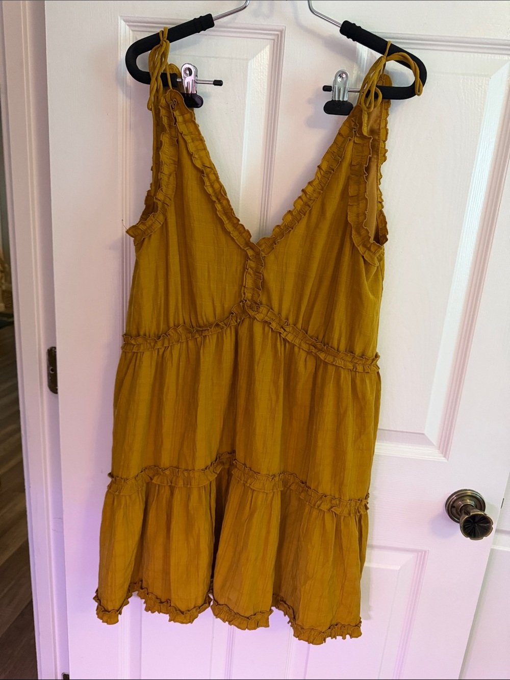 Free People Inspired Mustard Yellow Ruffled Tiered Mini Dress- Lined- Women’s M